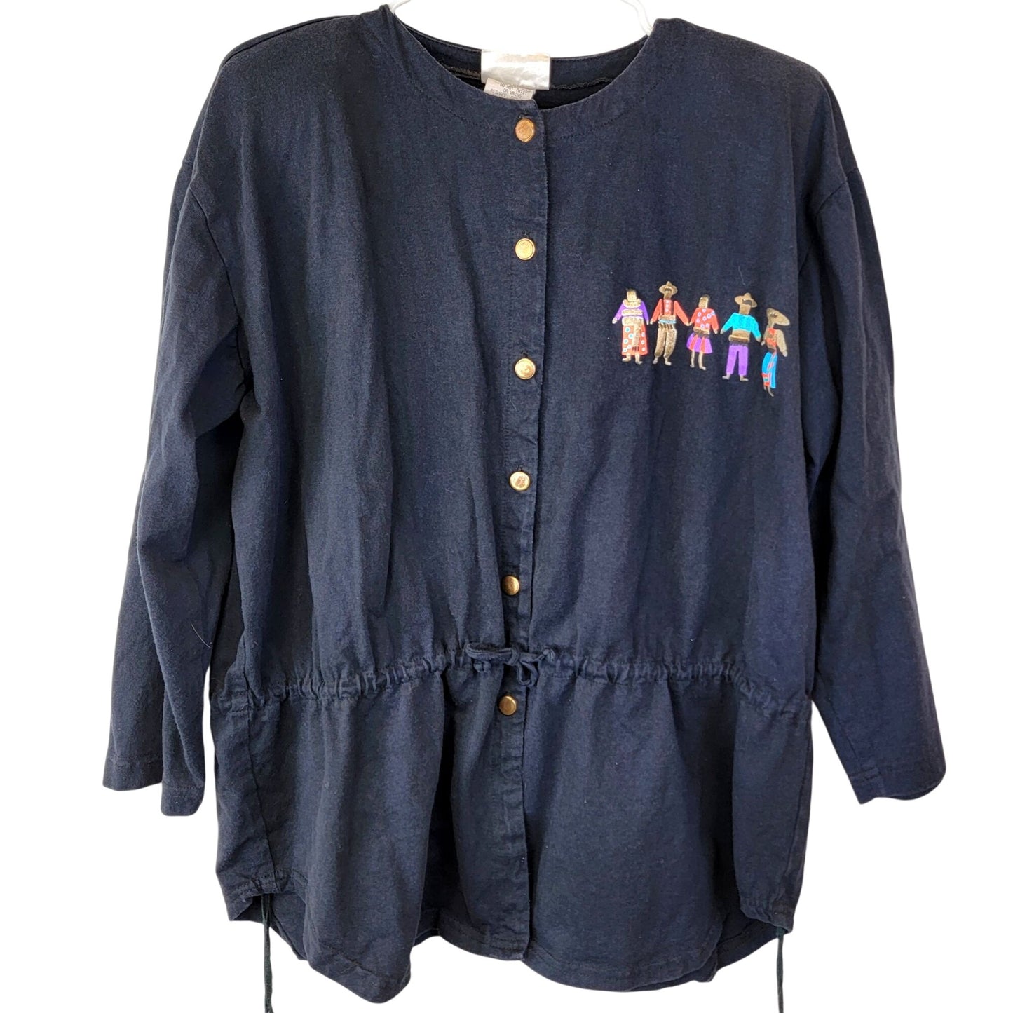 Vintage 80s Mexican Shirt Women Large 14 Black Blue Southwestern Top Long sleeve