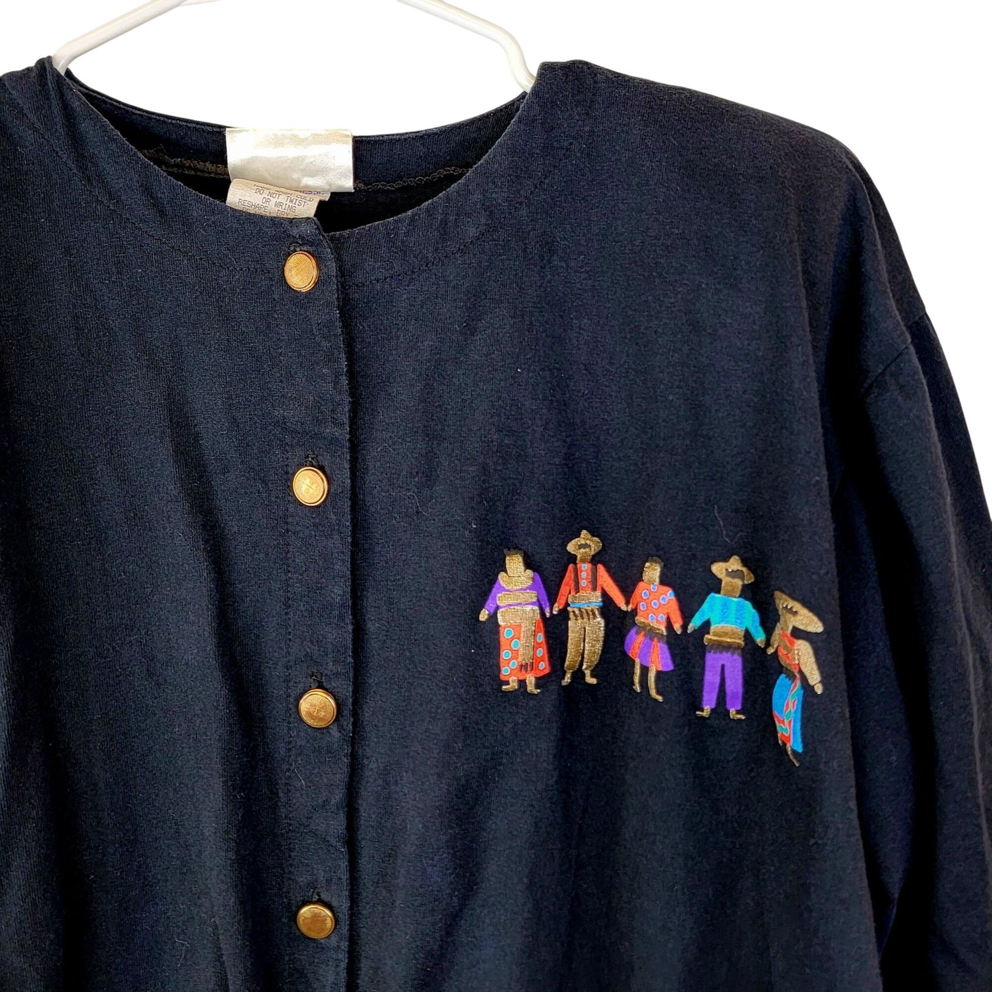 Vintage 80s Mexican Shirt Women Large 14 Black Blue Southwestern Top Long sleeve