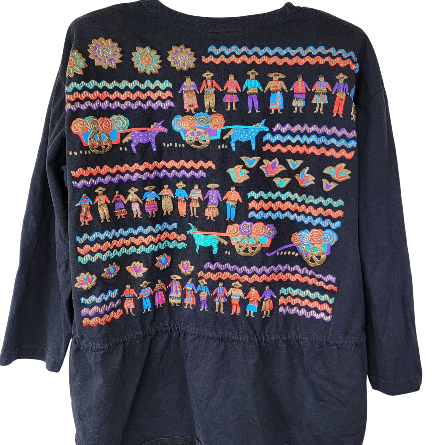 Vintage 80s Mexican Shirt Women Large 14 Black Blue Southwestern Top Long sleeve