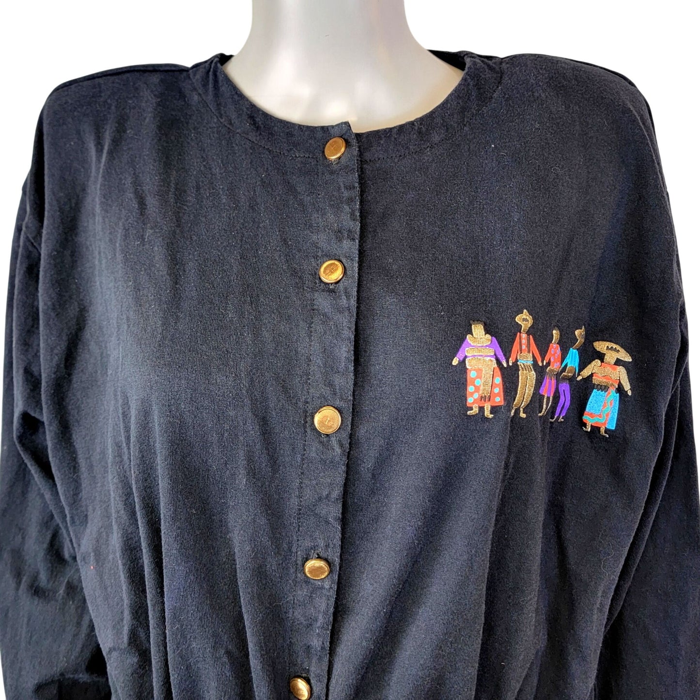 Vintage 80s Mexican Shirt Women Large 14 Black Blue Southwestern Top Long sleeve