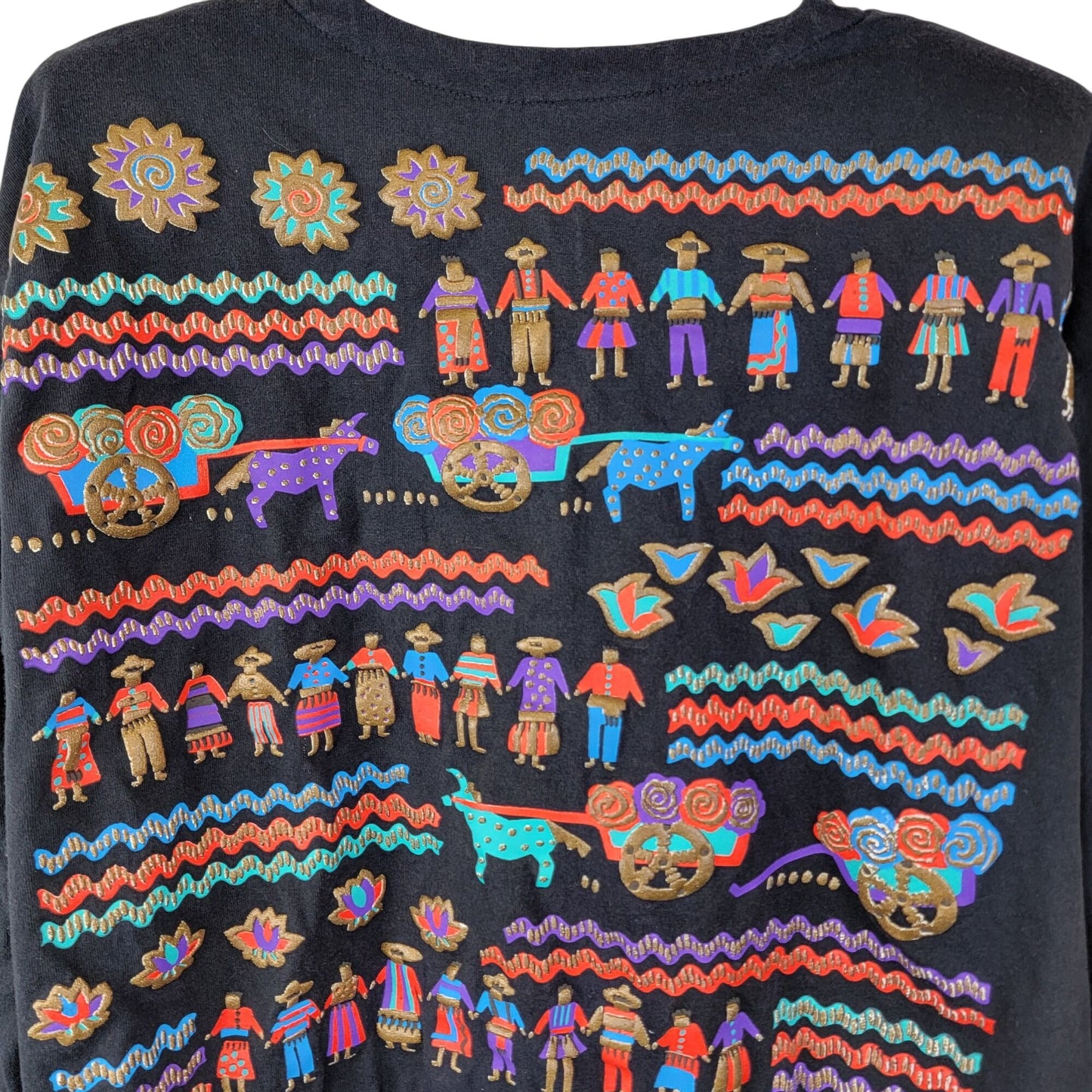 Vintage 80s Mexican Shirt Women Large 14 Black Blue Southwestern Top Long sleeve