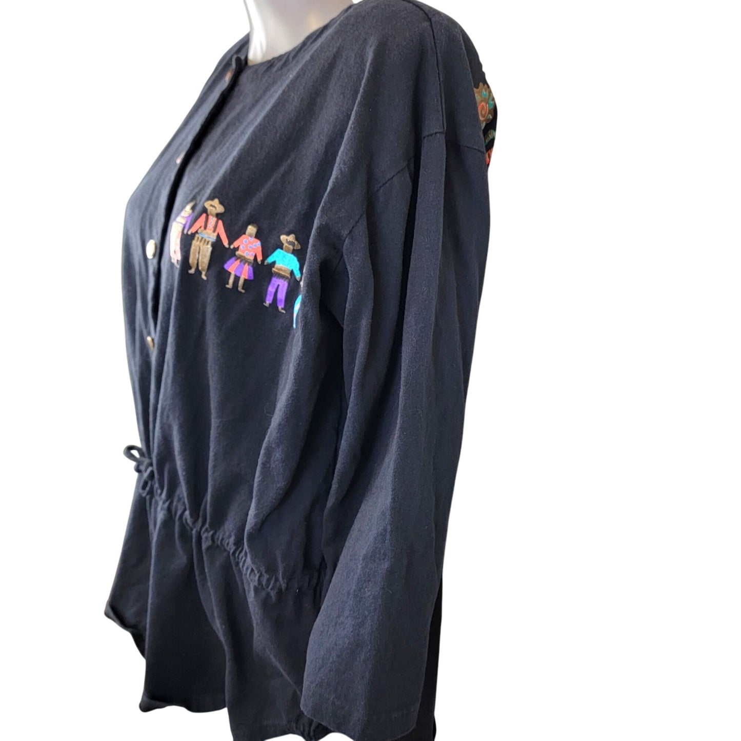 Vintage 80s Mexican Shirt Women Large 14 Black Blue Southwestern Top Long sleeve
