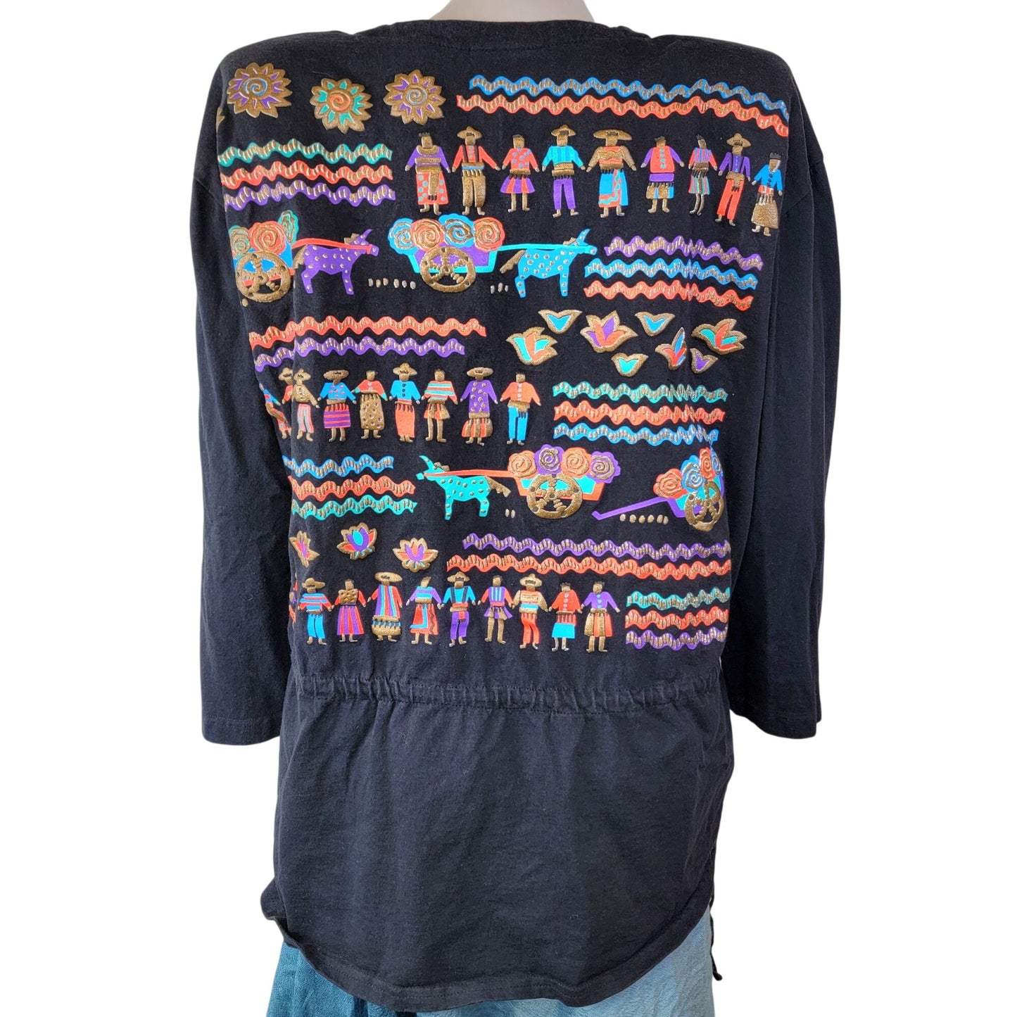 Vintage 80s Mexican Shirt Women Large 14 Black Blue Southwestern Top Long sleeve