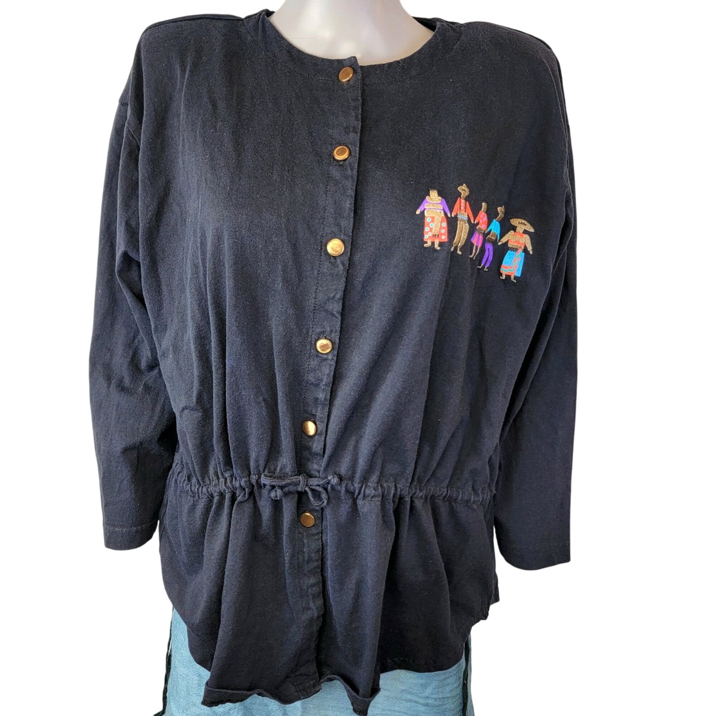 Vintage 80s Mexican Shirt Women Large 14 Black Blue Southwestern Top Long sleeve