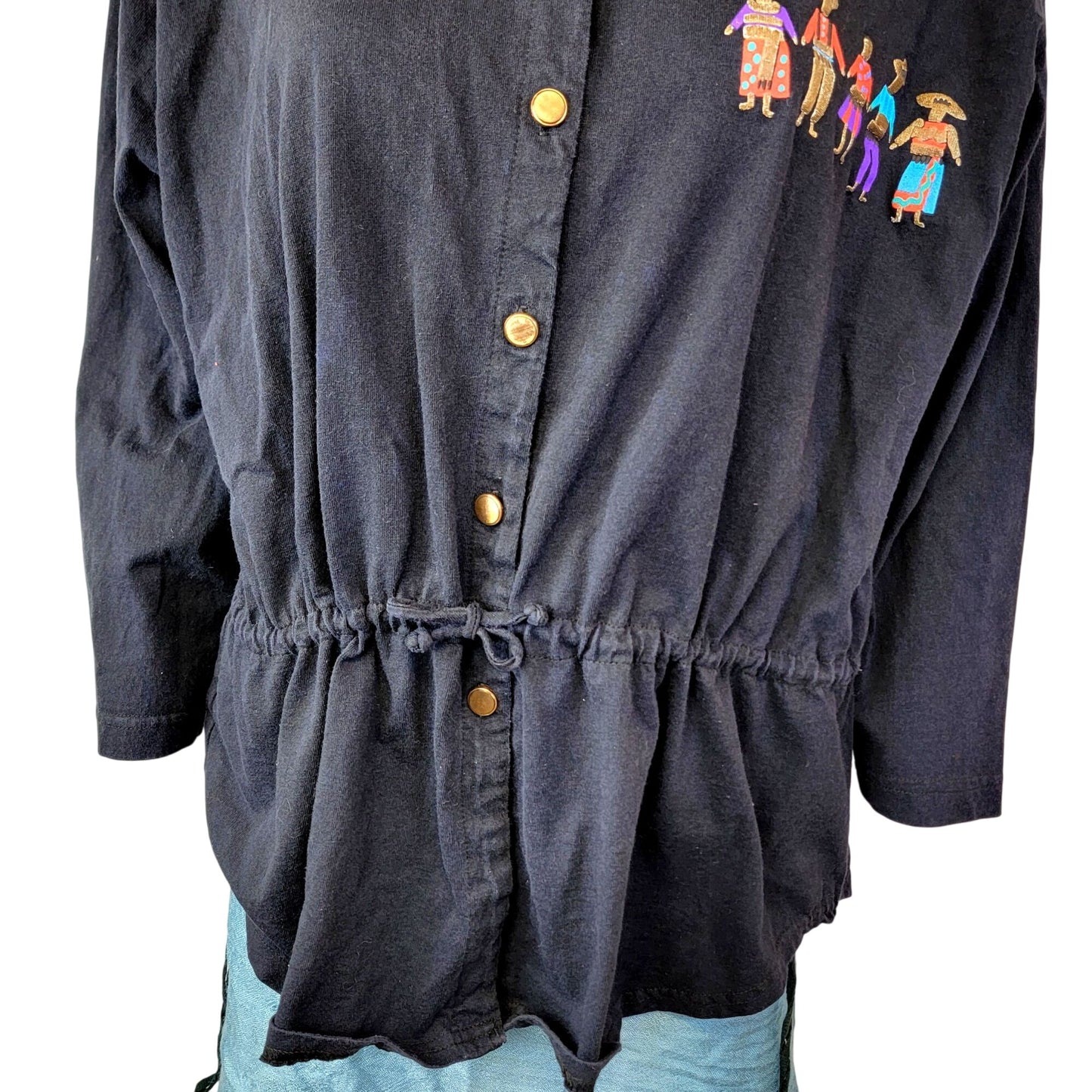 Vintage 80s Mexican Shirt Women Large 14 Black Blue Southwestern Top Long sleeve