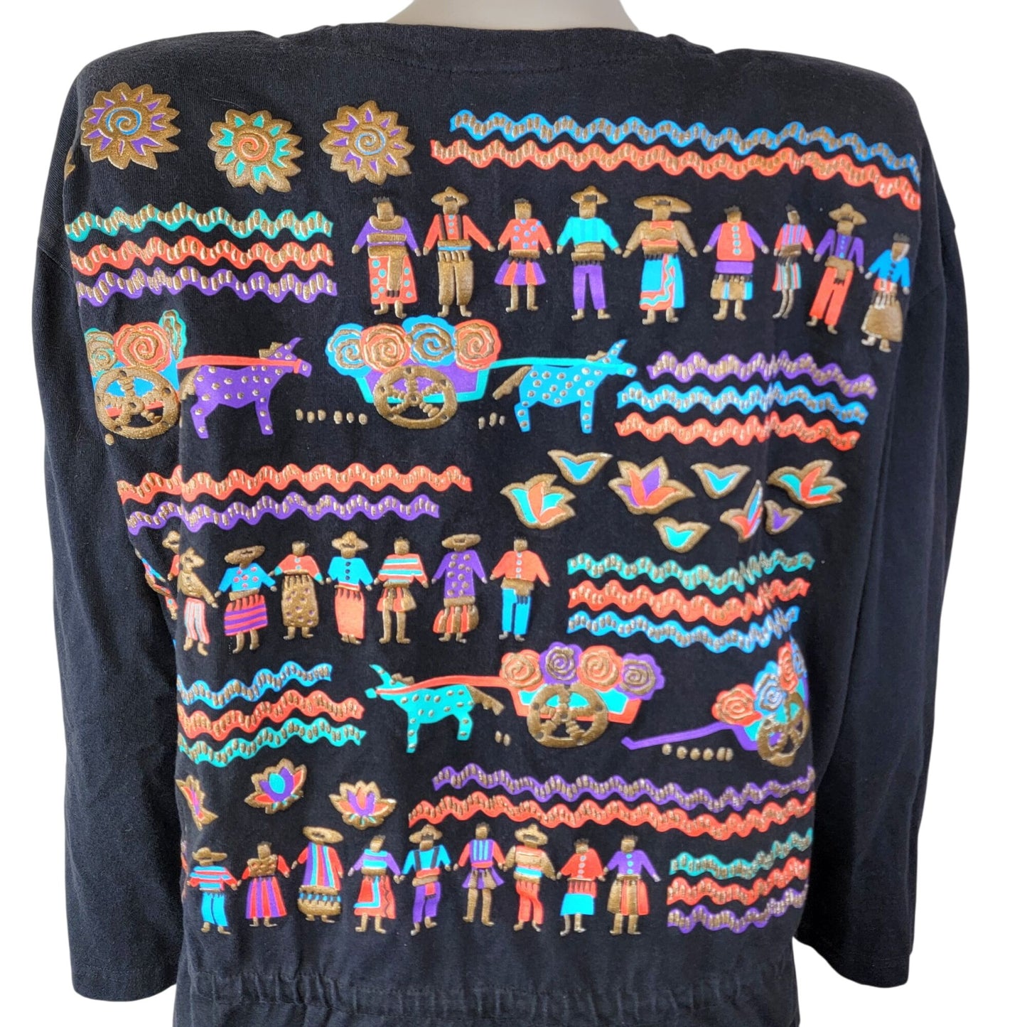 Vintage 80s Mexican Shirt Women Large 14 Black Blue Southwestern Top Long sleeve