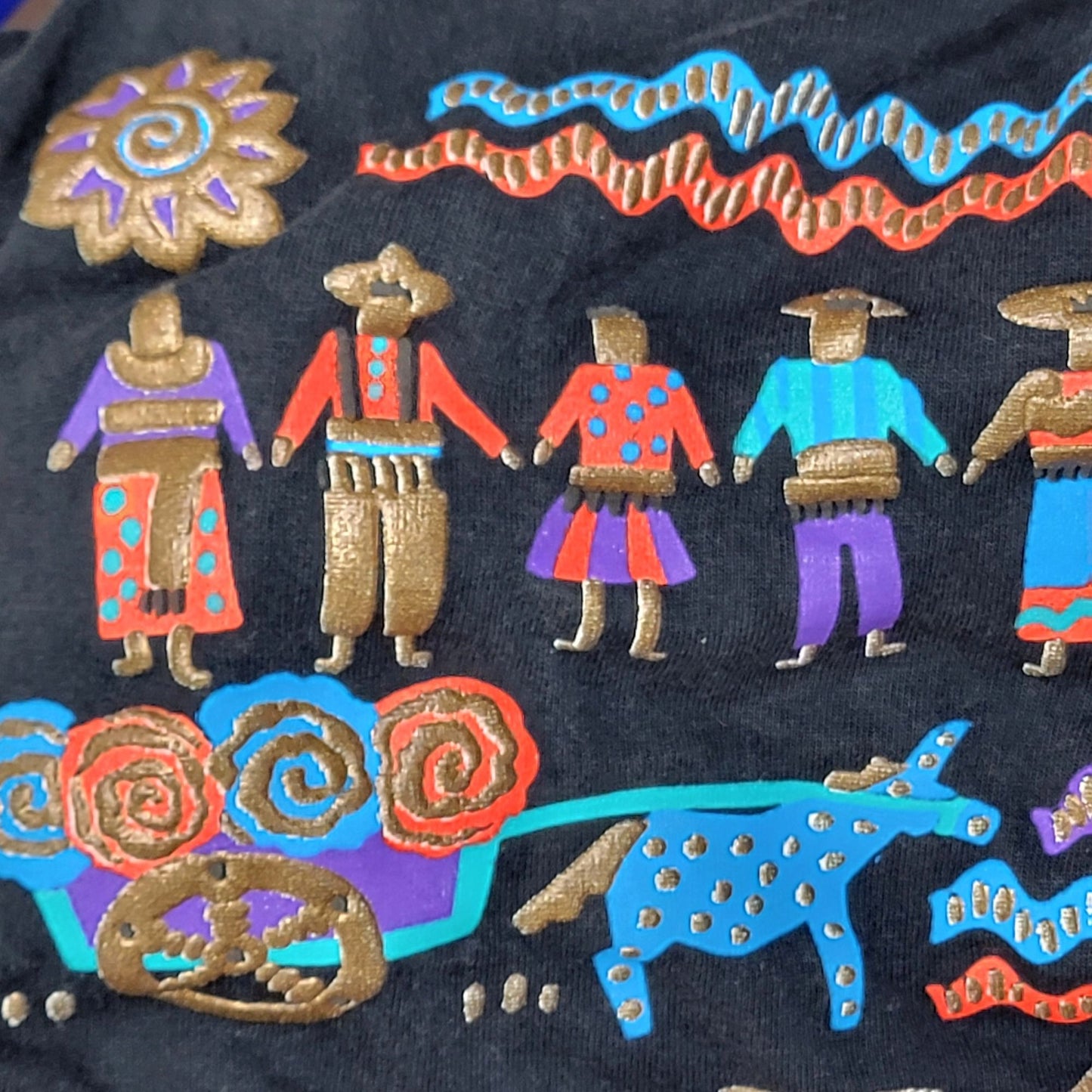 Vintage 80s Mexican Shirt Women Large 14 Black Blue Southwestern Top Long sleeve