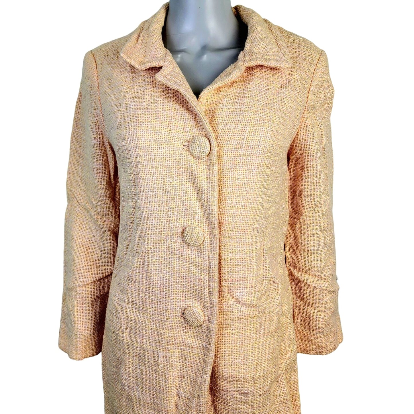 Vintage 60s Tweed Peacoat Jacket Women Medium Yellow Pink Coat