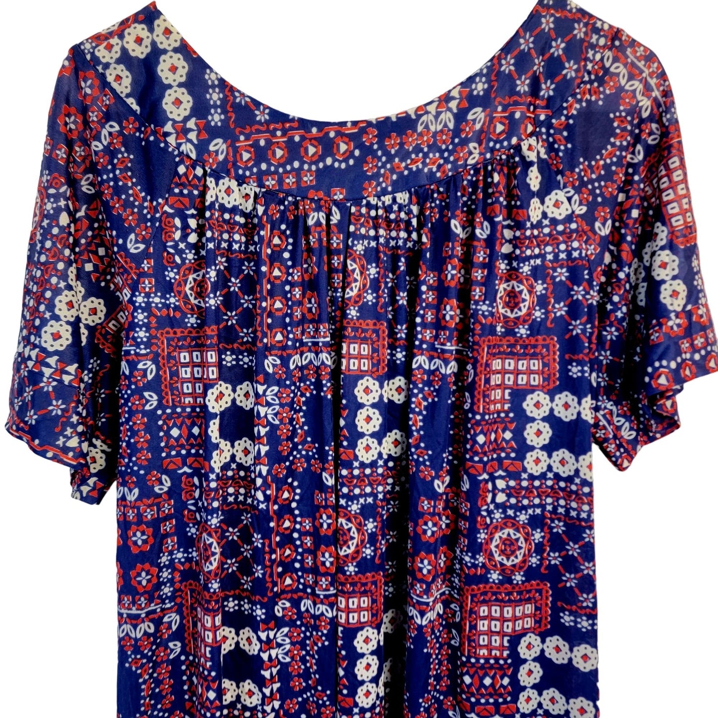 Vintage 70s Nylon Mumu Maxi Dress Women 1X House Gown Geometric Patriotic 18 20