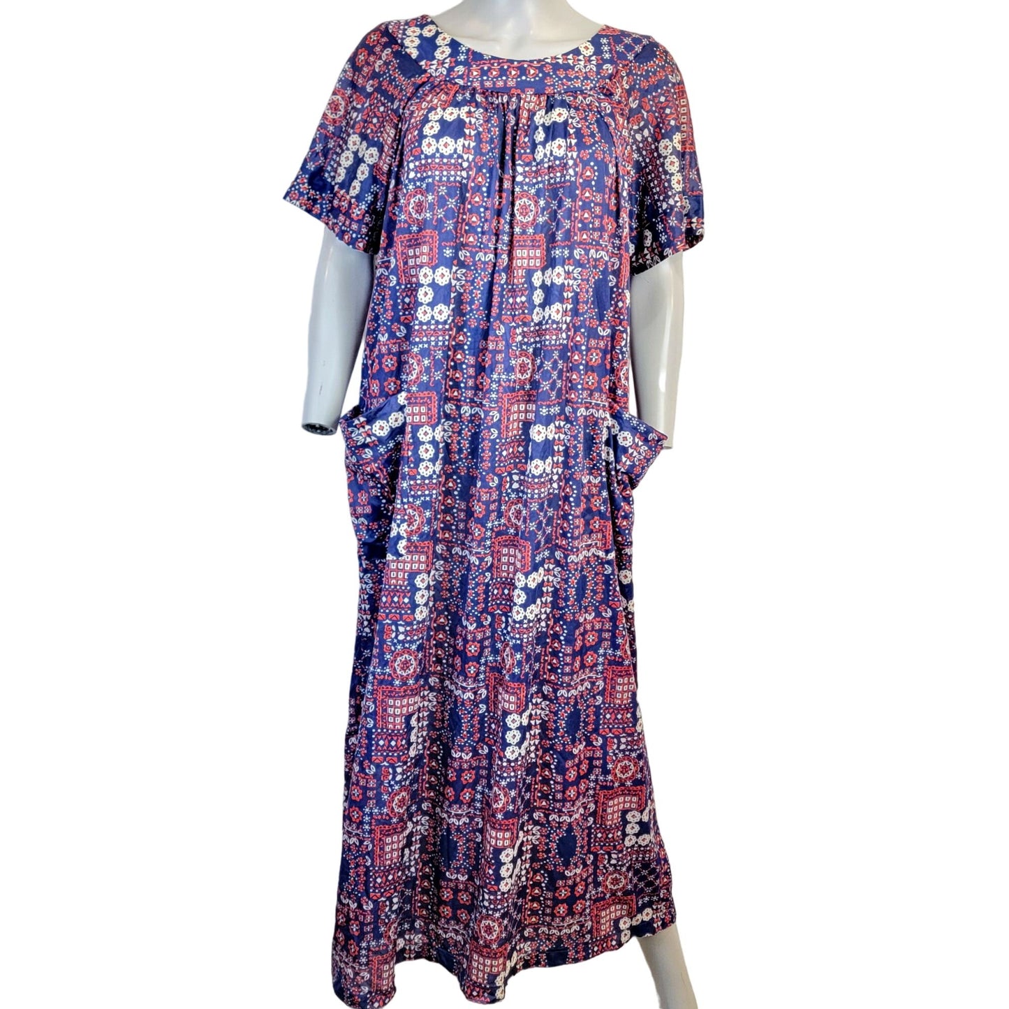 Vintage 70s Nylon Mumu Maxi Dress Women 1X House Gown Geometric Patriotic 18 20