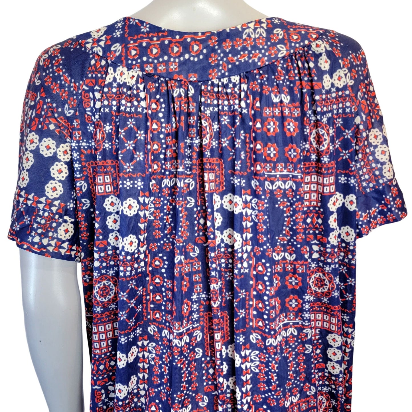 Vintage 70s Nylon Mumu Maxi Dress Women 1X House Gown Geometric Patriotic 18 20