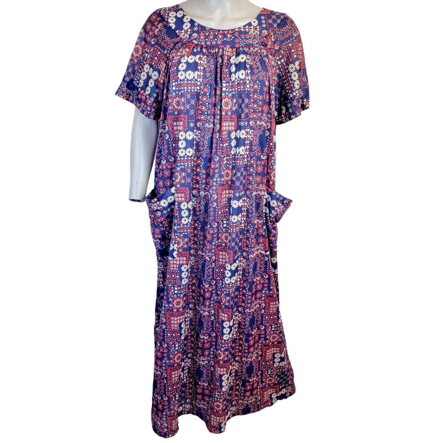 Vintage 70s Nylon Mumu Maxi Dress Women 1X House Gown Geometric Patriotic 18 20