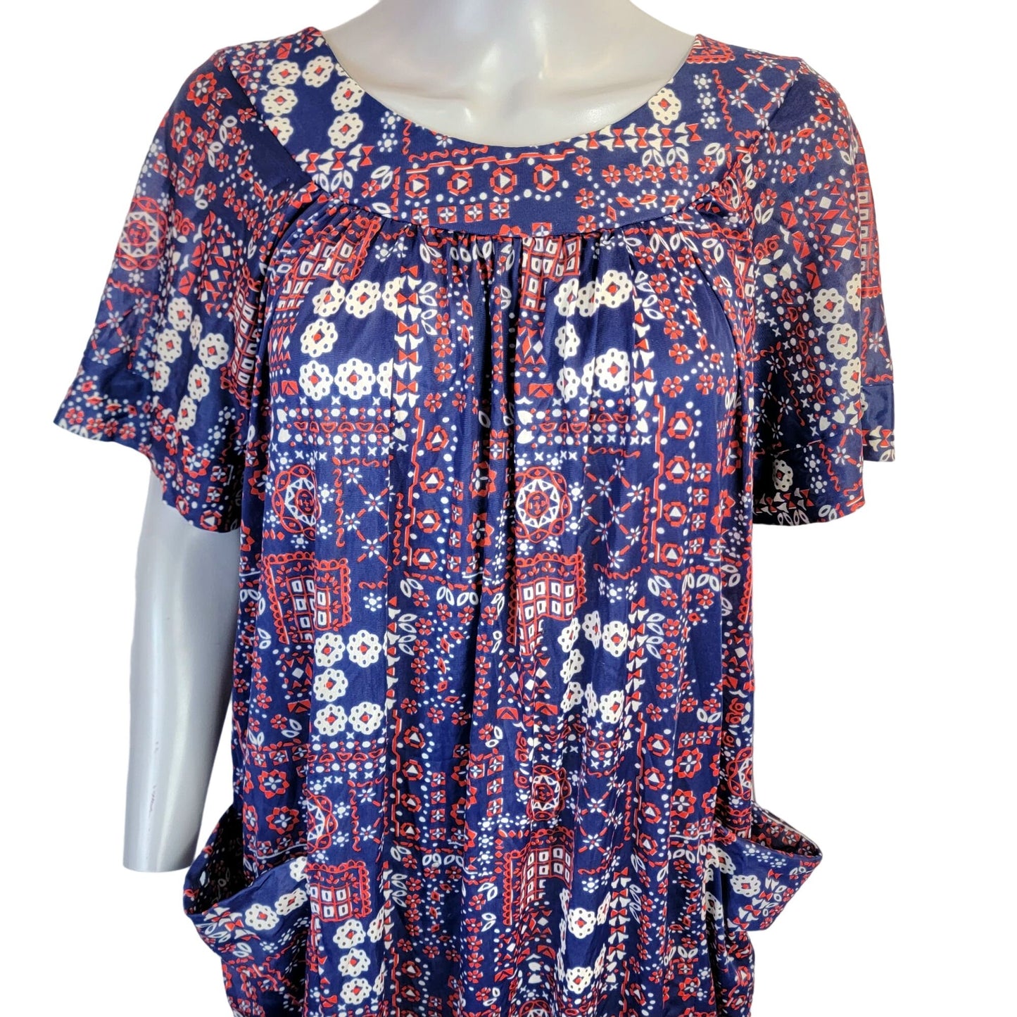 Vintage 70s Nylon Mumu Maxi Dress Women 1X House Gown Geometric Patriotic 18 20