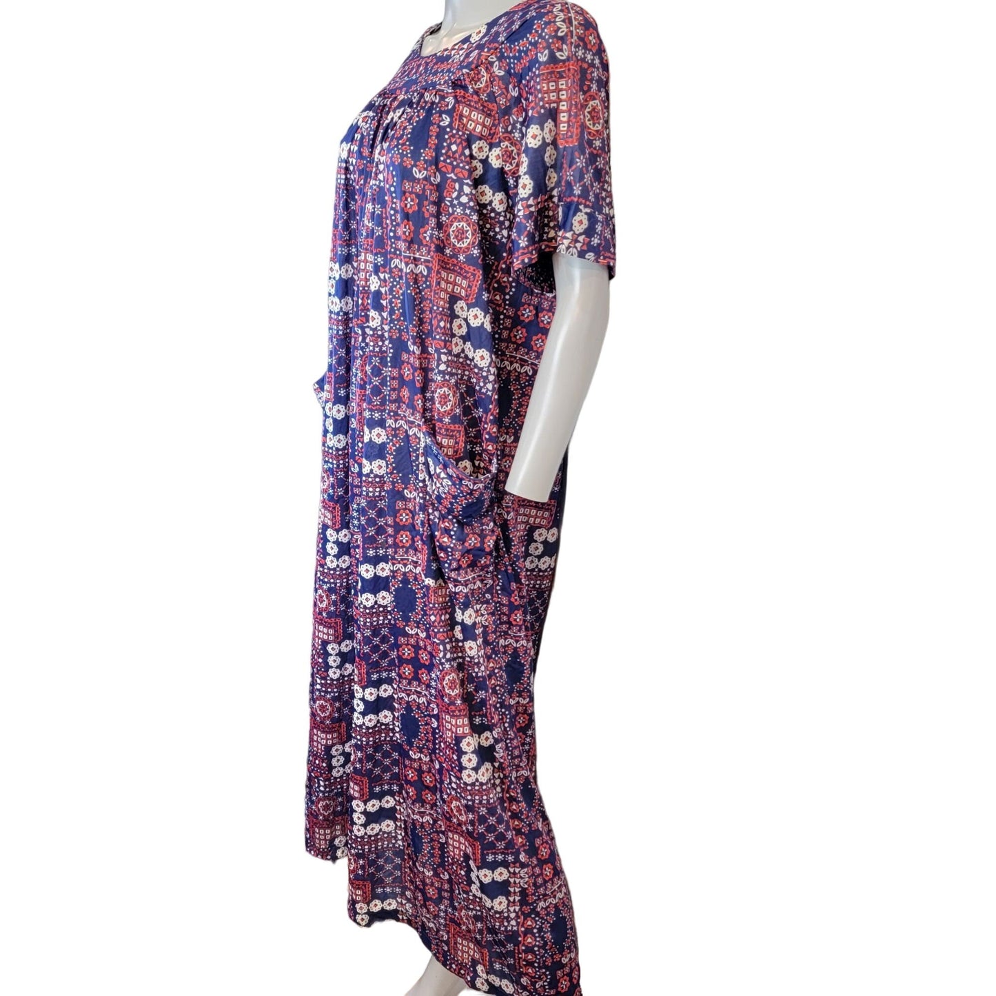 Vintage 70s Nylon Mumu Maxi Dress Women 1X House Gown Geometric Patriotic 18 20