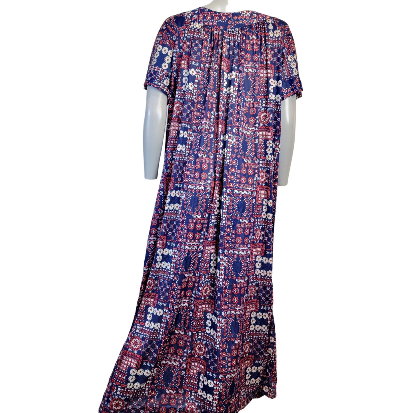 Vintage 70s Nylon Mumu Maxi Dress Women 1X House Gown Geometric Patriotic 18 20