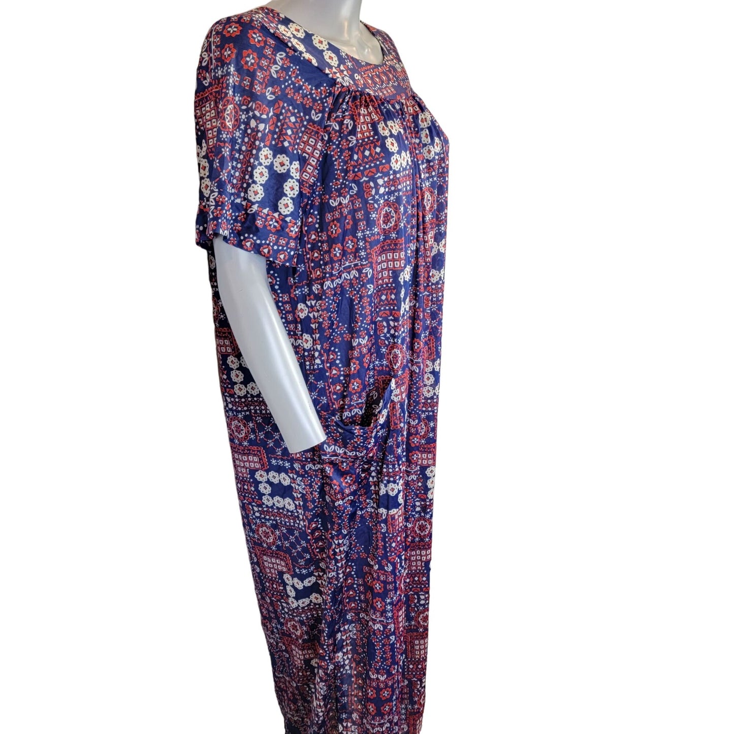 Vintage 70s Nylon Mumu Maxi Dress Women 1X House Gown Geometric Patriotic 18 20