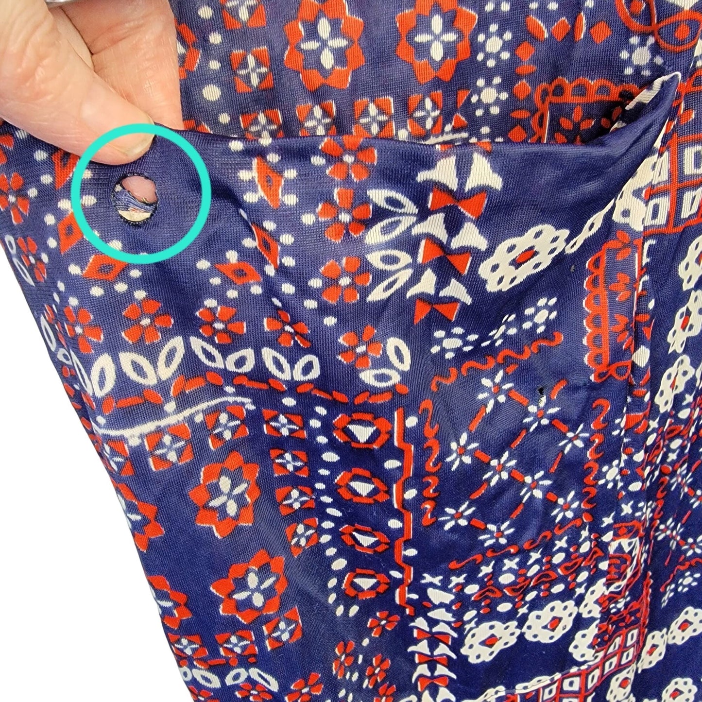 Vintage 70s Nylon Mumu Maxi Dress Women 1X House Gown Geometric Patriotic 18 20