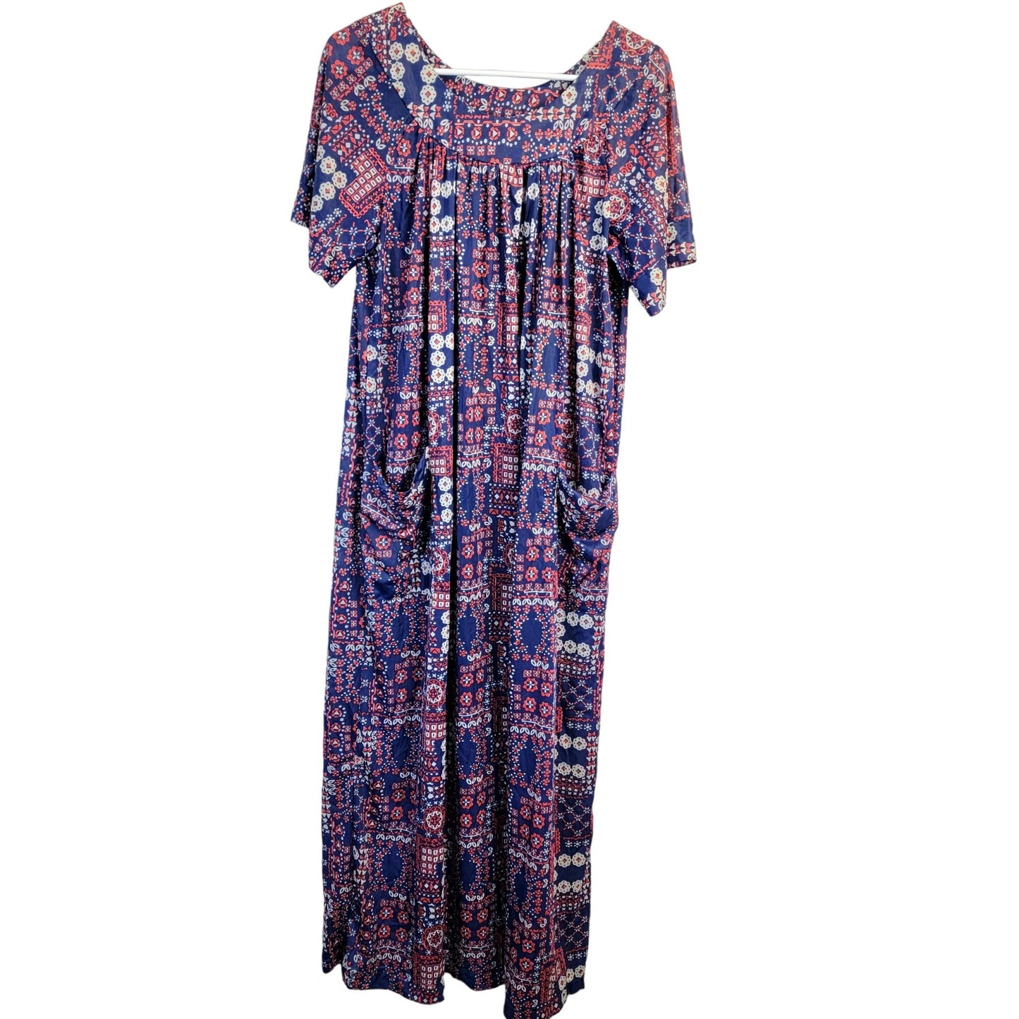 Vintage 70s Nylon Mumu Maxi Dress Women 1X House Gown Geometric Patriotic 18 20