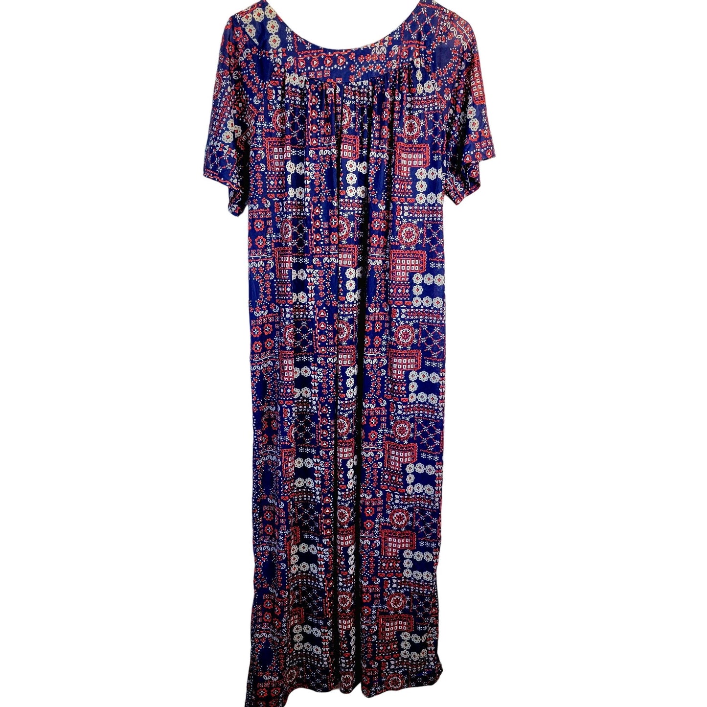 Vintage 70s Nylon Mumu Maxi Dress Women 1X House Gown Geometric Patriotic 18 20