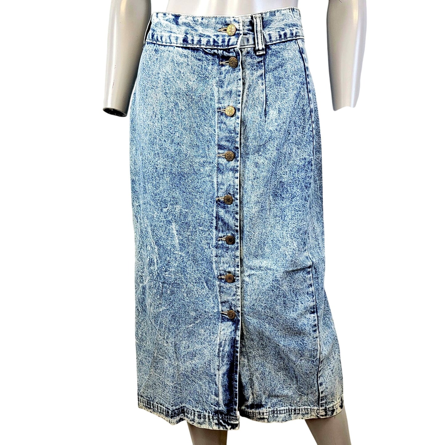 Avon Fashions Vintage 80s Denim Midi Skirt Women 28 12 Casual Button Up Blue M