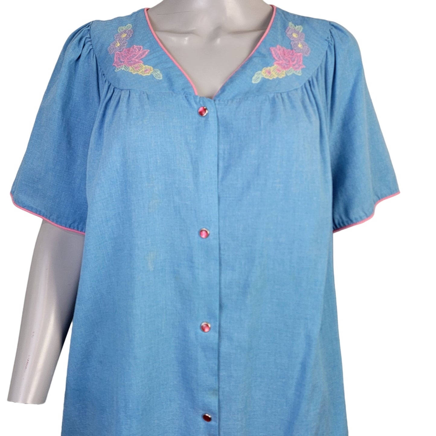 Vintage 80s Sleep Dress Women Plus 1X Blue Floral Embroidered Night Gown