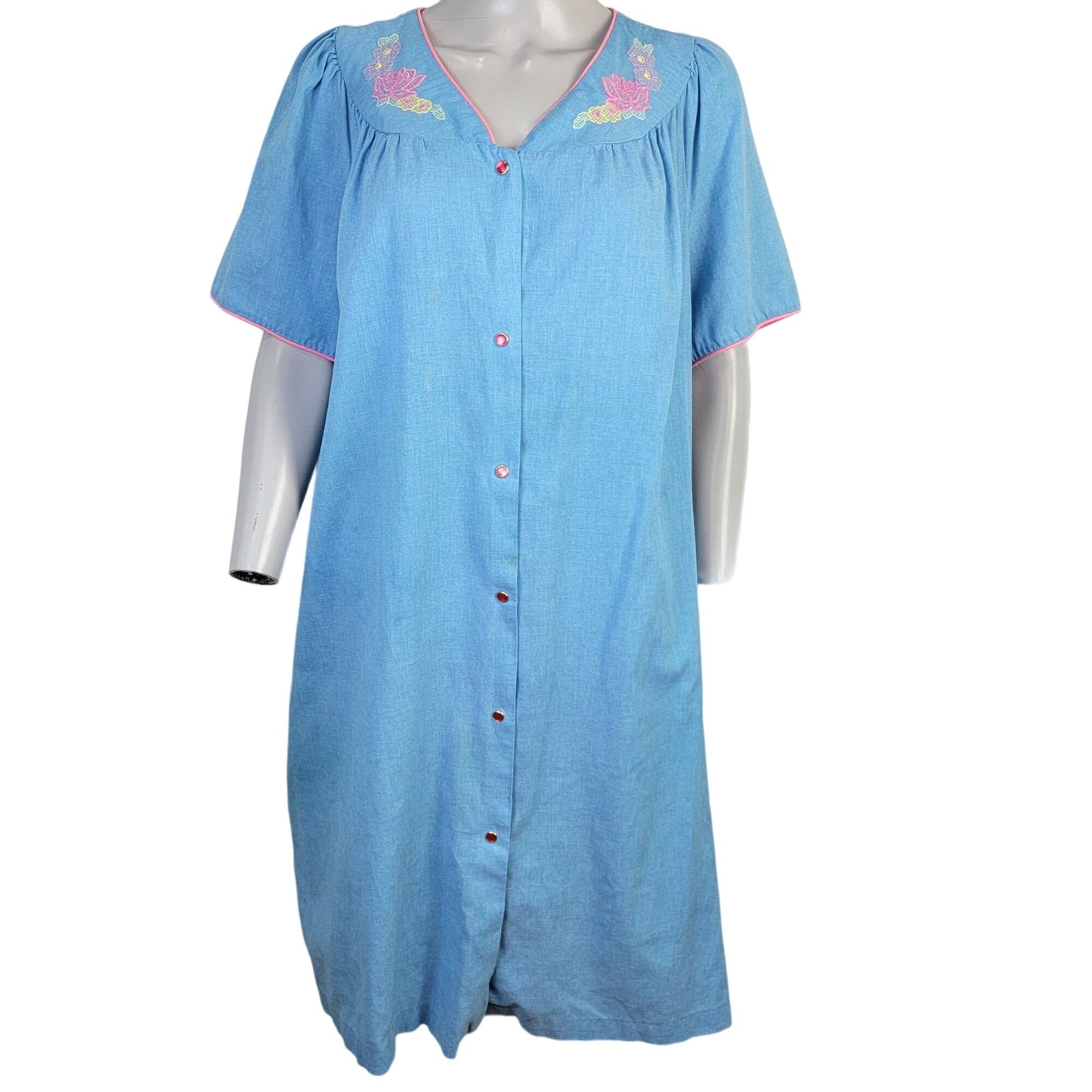 Vintage 80s Sleep Dress Women Plus 1X Blue Floral Embroidered Night Gown