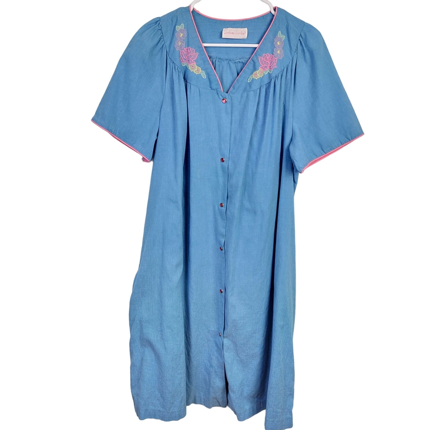Vintage 80s Sleep Dress Women Plus 1X Blue Floral Embroidered Night Gown
