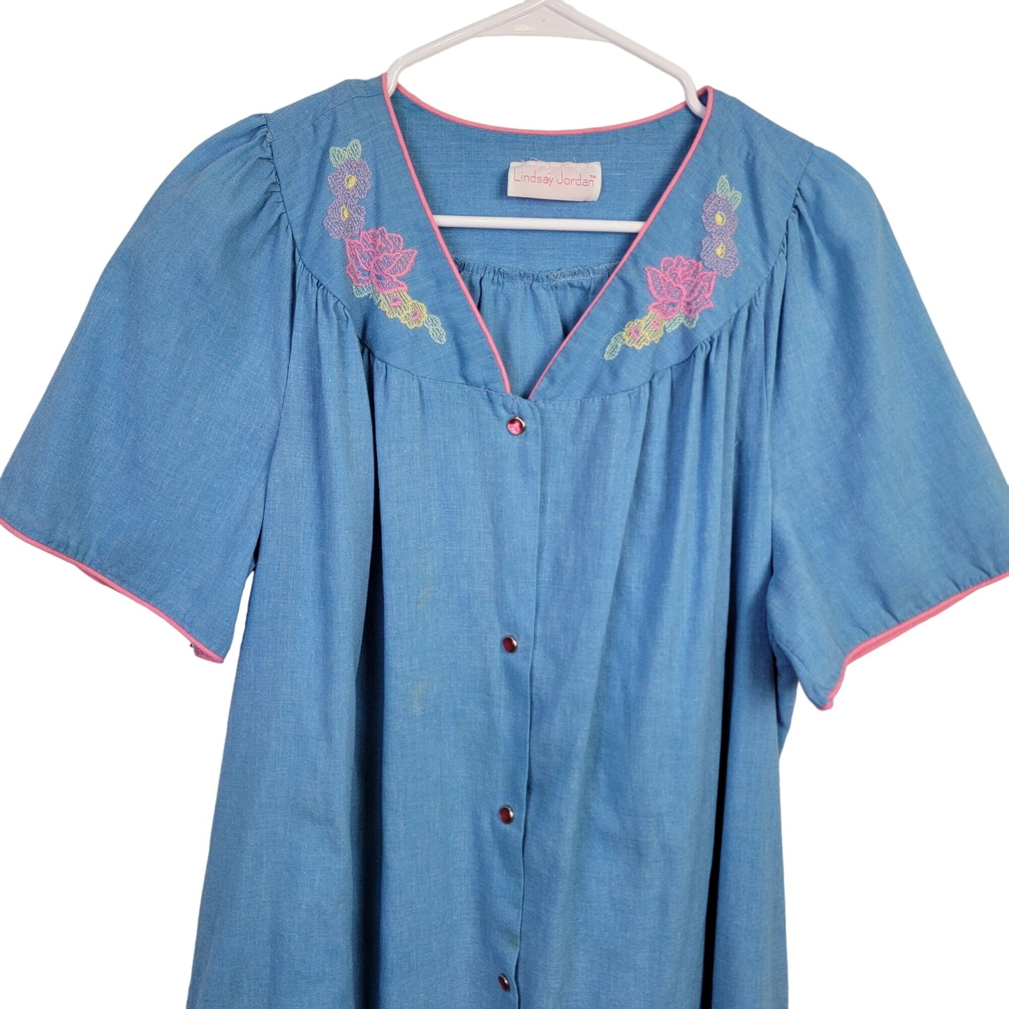 Vintage 80s Sleep Dress Women Plus 1X Blue Floral Embroidered Night Gown