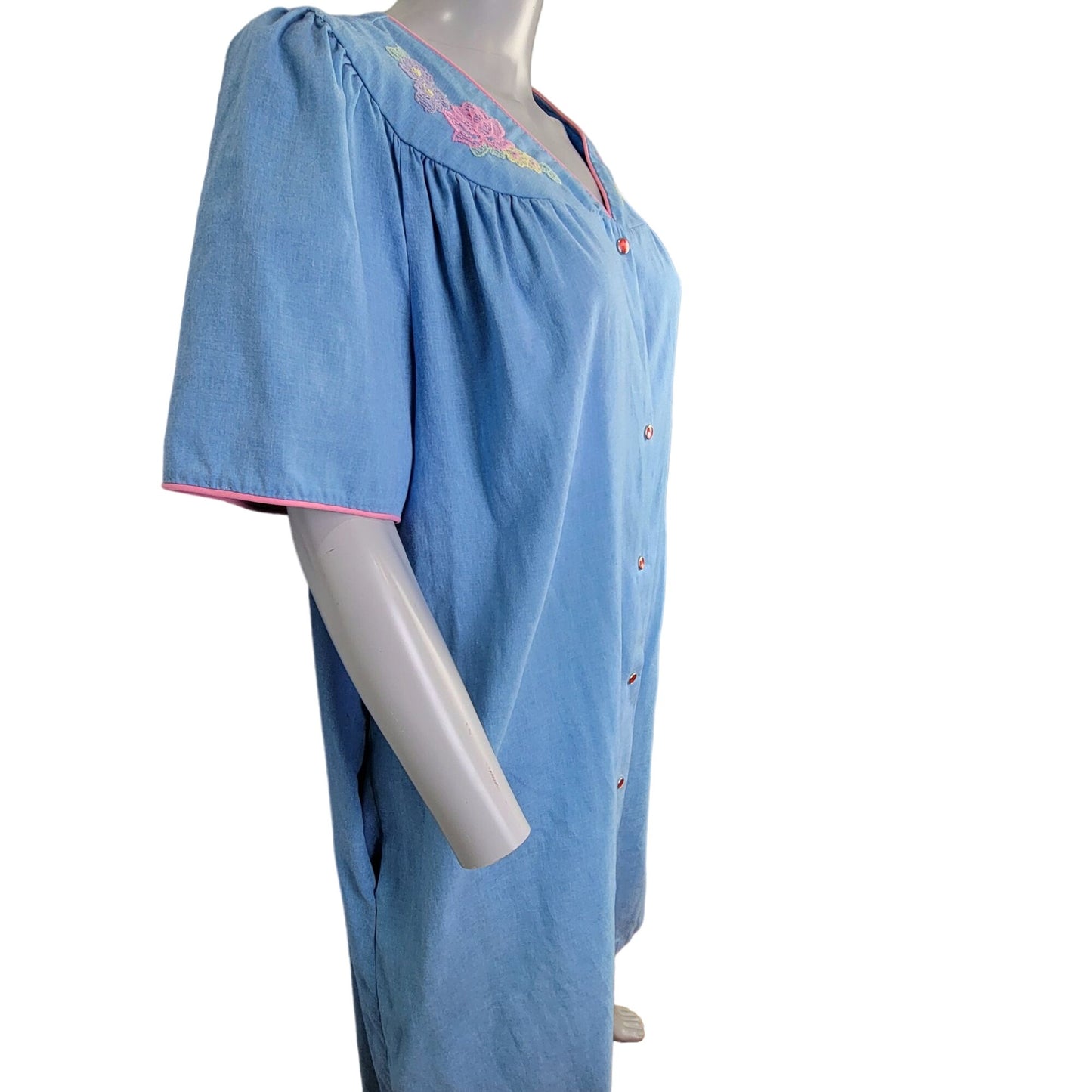 Vintage 80s Sleep Dress Women Plus 1X Blue Floral Embroidered Night Gown