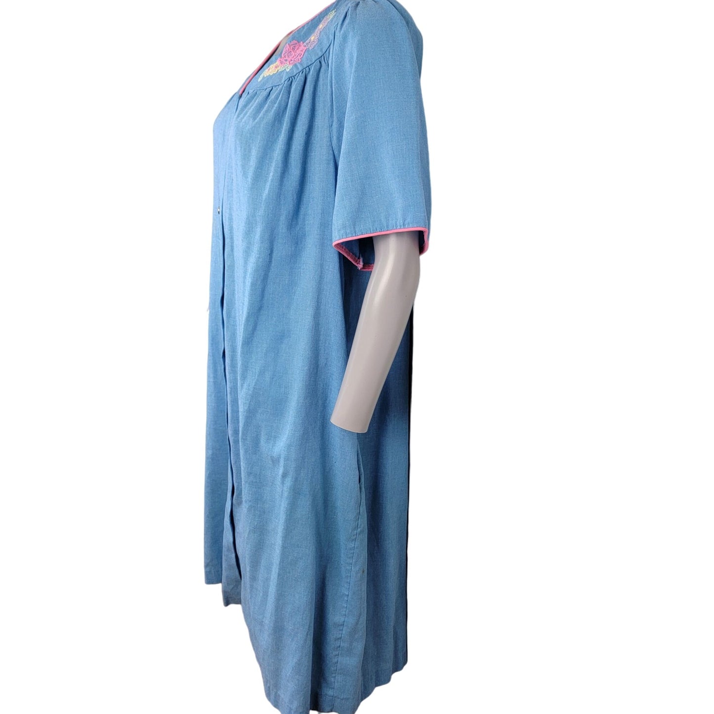 Vintage 80s Sleep Dress Women Plus 1X Blue Floral Embroidered Night Gown
