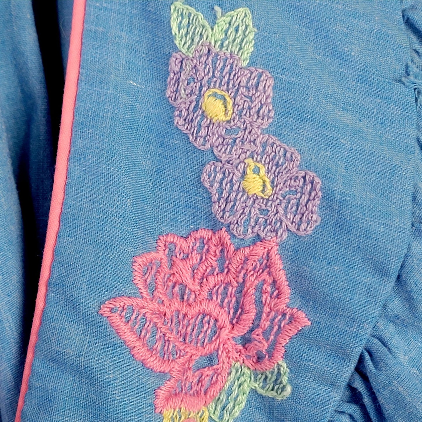 Vintage 80s Sleep Dress Women Plus 1X Blue Floral Embroidered Night Gown
