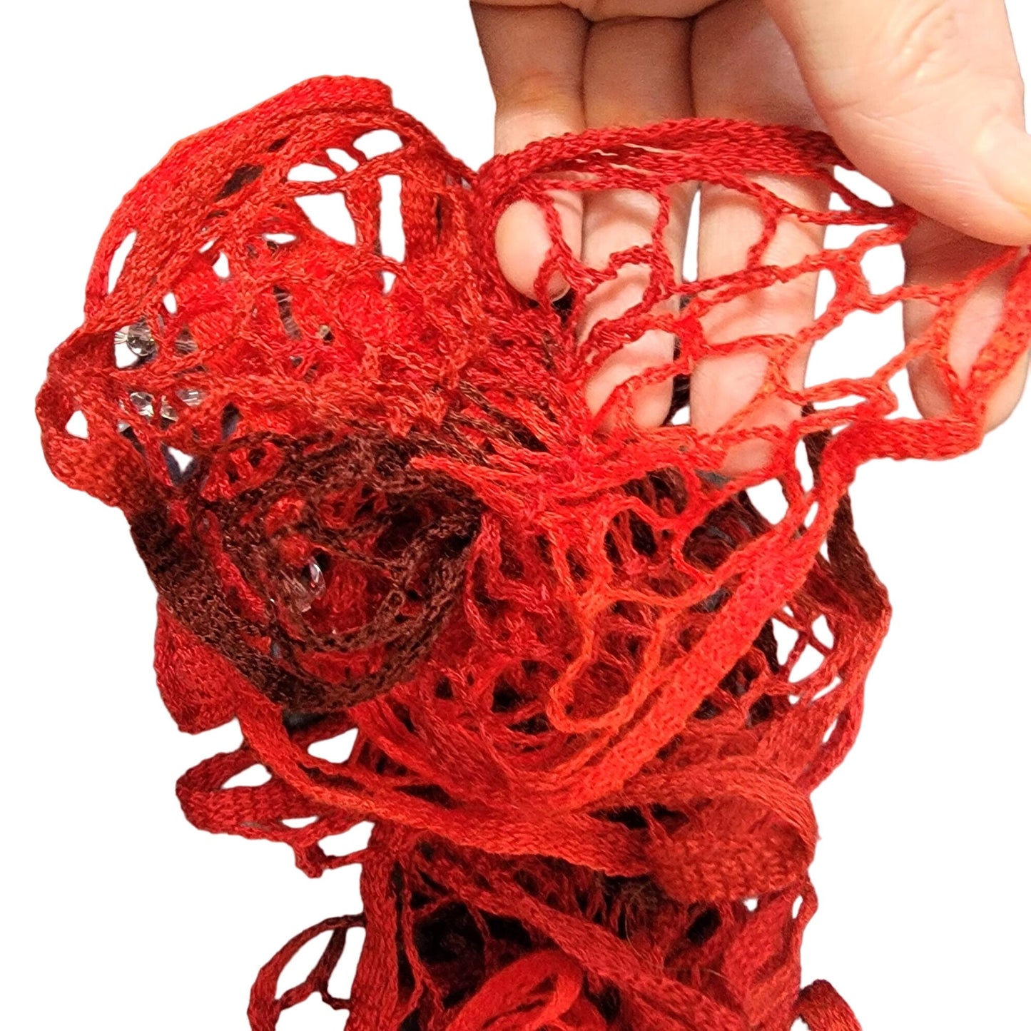 Red Doily Knit Scarf Women Winter Accessories Beads