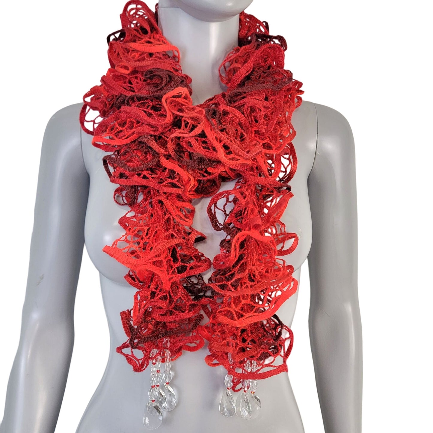 Red Doily Knit Scarf Women Winter Accessories Beads