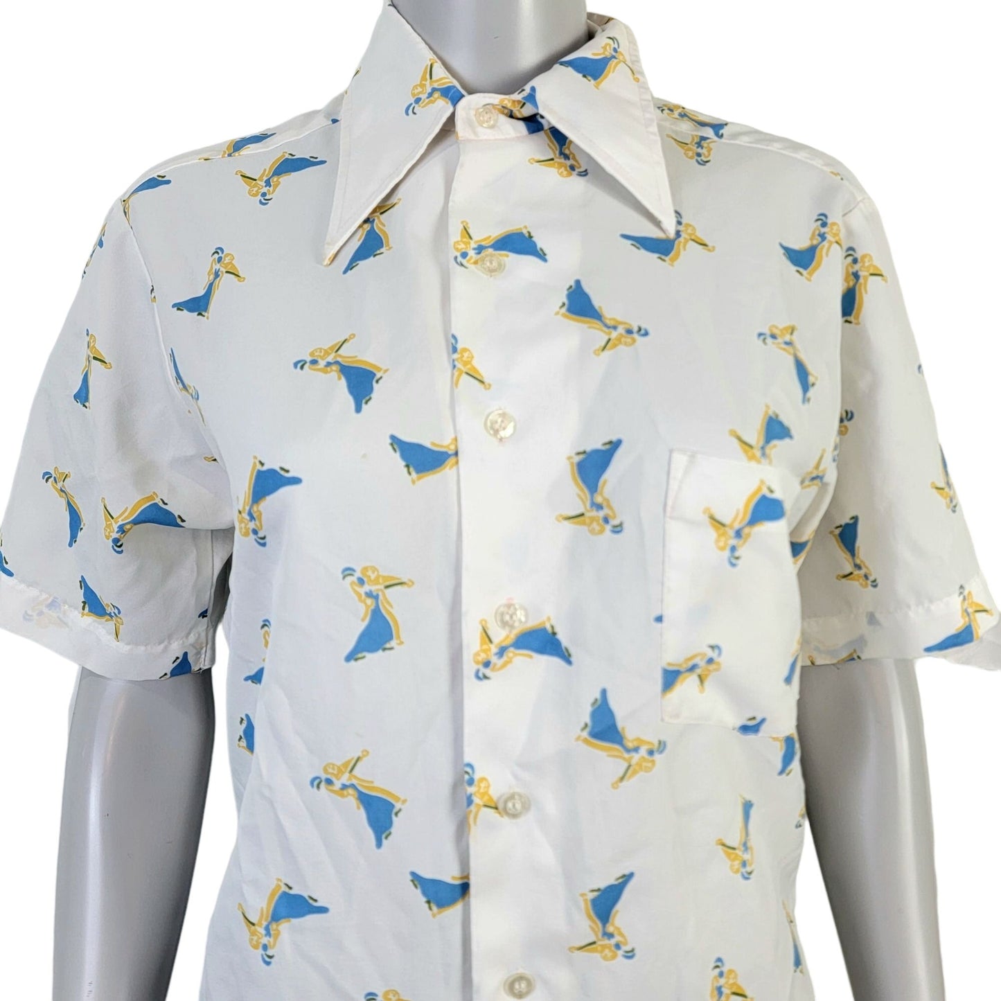 Vintage 70s Ballroom Dancer Shirt Women Large White Blue