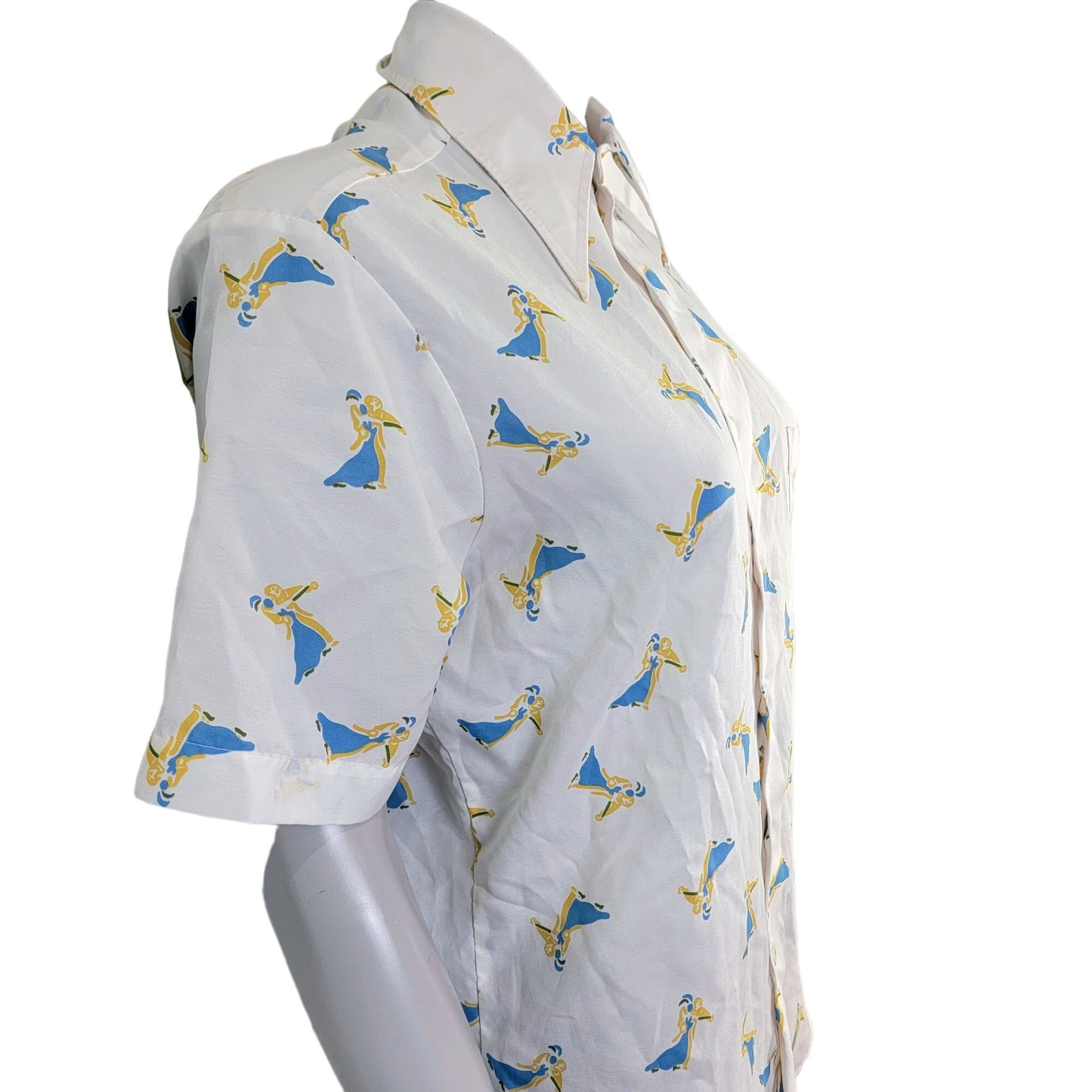 Vintage 70s Ballroom Dancer Shirt Women Large White Blue