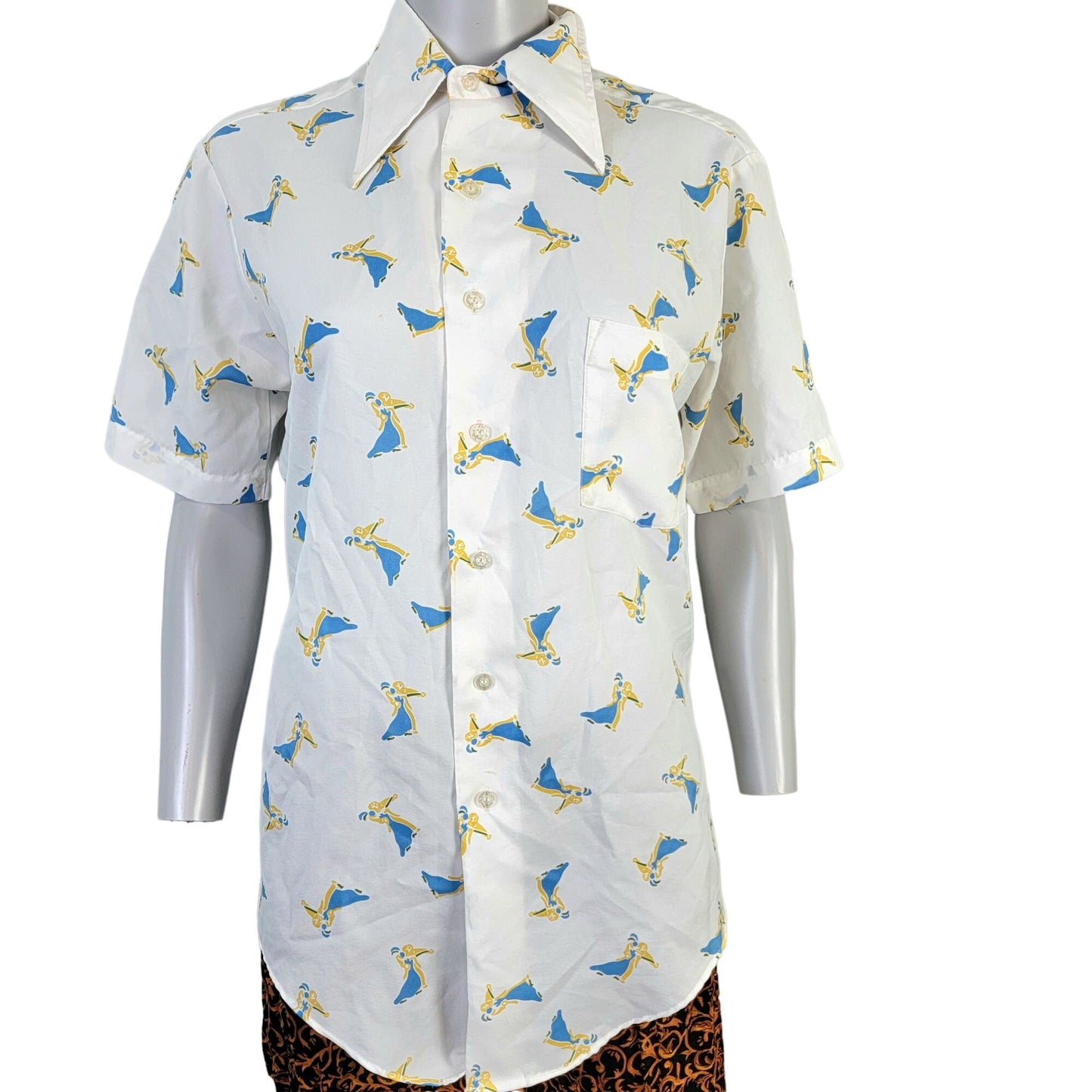 Vintage 70s Ballroom Dancer Shirt Women Large White Blue