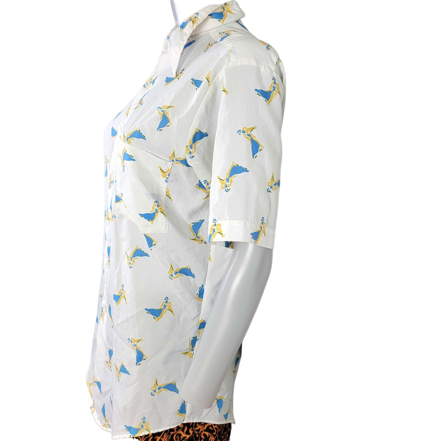 Vintage 70s Ballroom Dancer Shirt Women Large White Blue