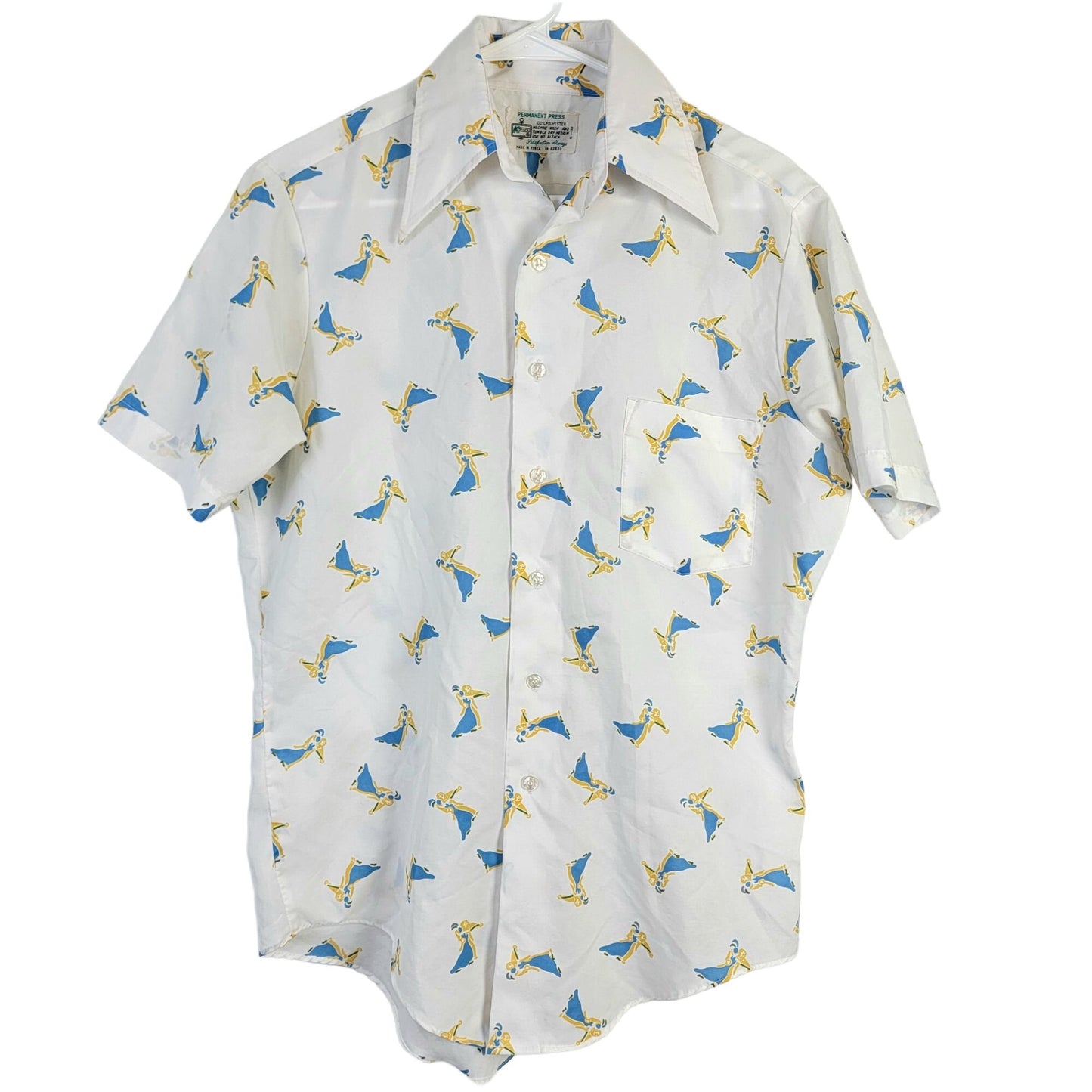 Vintage 70s Ballroom Dancer Shirt Women Large White Blue