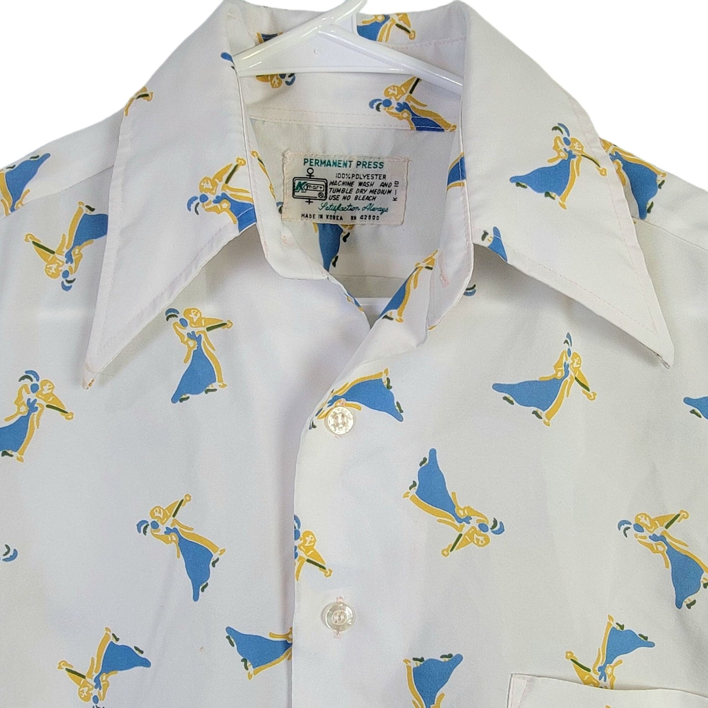 Vintage 70s Ballroom Dancer Shirt Women Large White Blue