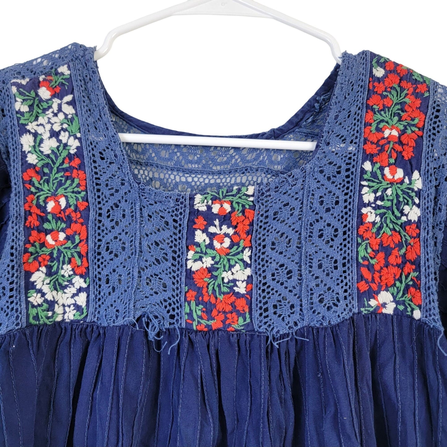 Vintage 70s Midi Dress Women Medium Embroidered Floral Bohemian Peasant 10 Blue