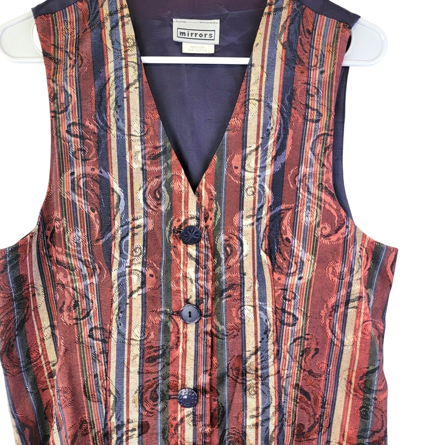 Vintage 90s Satin Stripe Vest Women Medium Paisley Blue Green Jacket Work Fall 8
