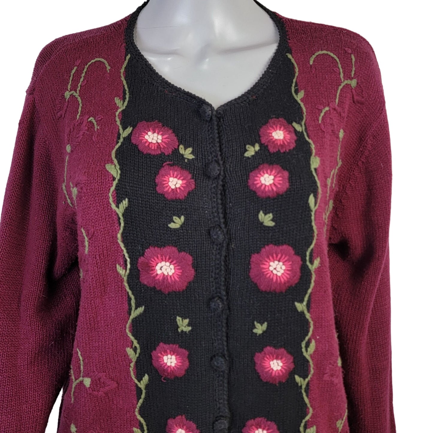 Vintage 90s Embroidered Floral Cardigan Sweater Women Large Burgundy Black