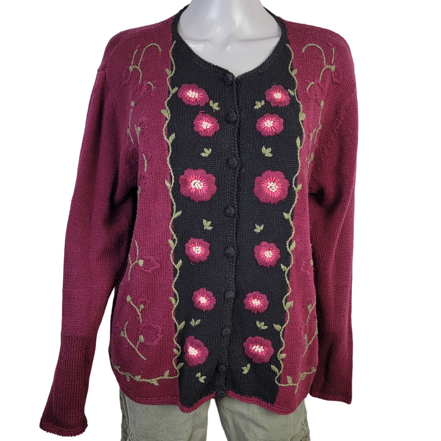 Vintage 90s Embroidered Floral Cardigan Sweater Women Large Burgundy Black