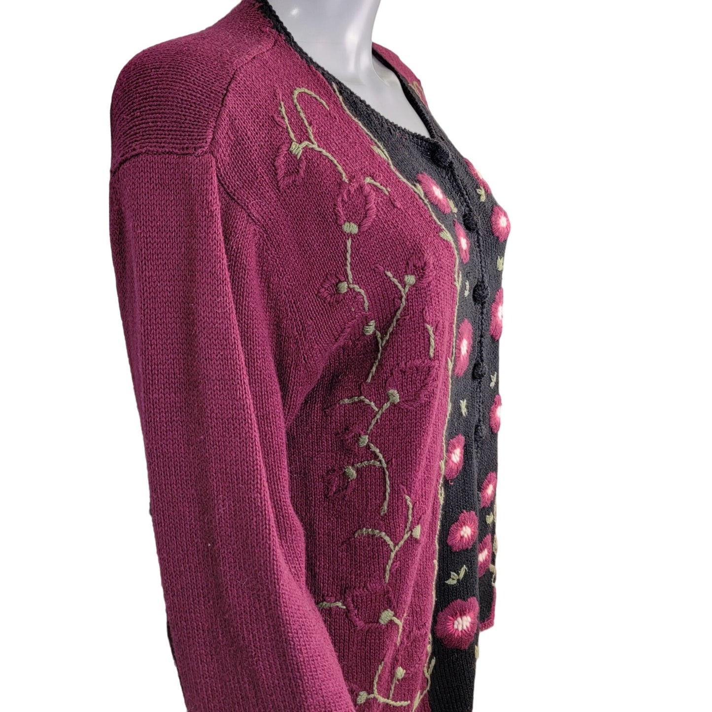 Vintage 90s Embroidered Floral Cardigan Sweater Women Large Burgundy Black