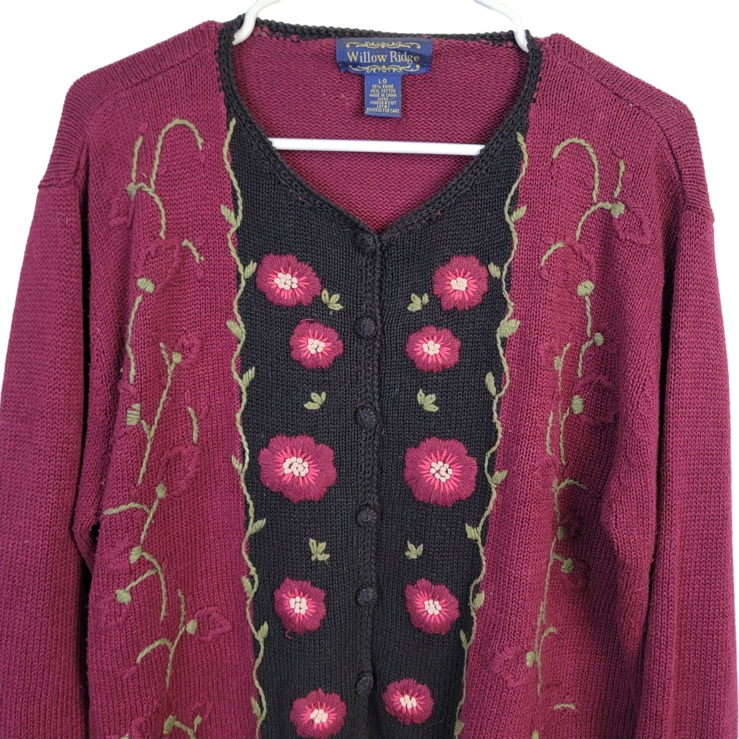 Vintage 90s Embroidered Floral Cardigan Sweater Women Large Burgundy Black