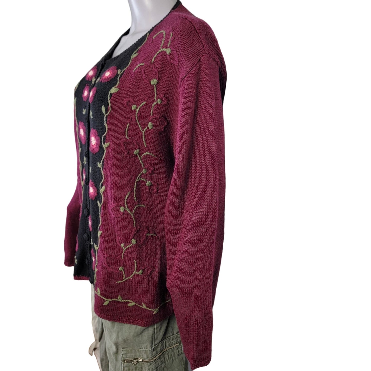 Vintage 90s Embroidered Floral Cardigan Sweater Women Large Burgundy Black