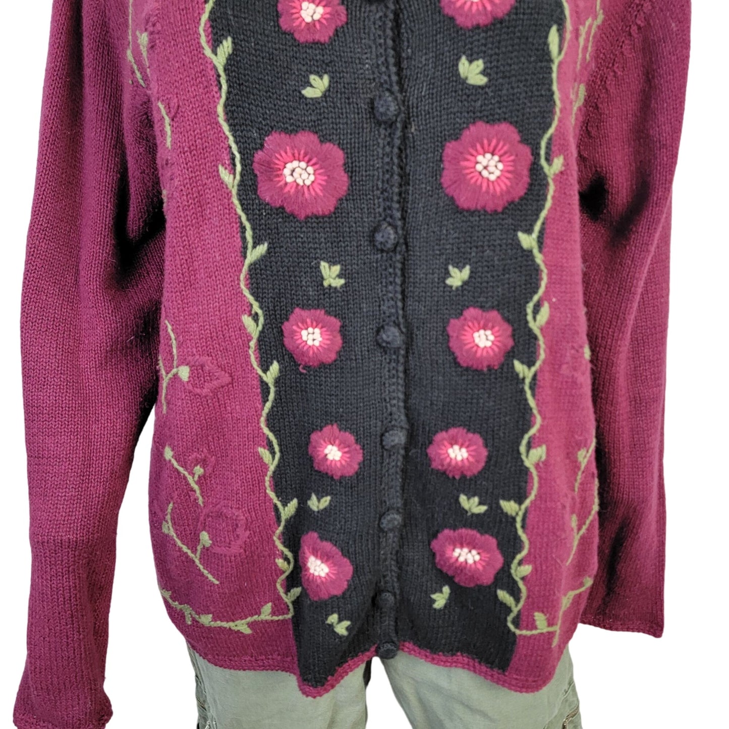 Vintage 90s Embroidered Floral Cardigan Sweater Women Large Burgundy Black