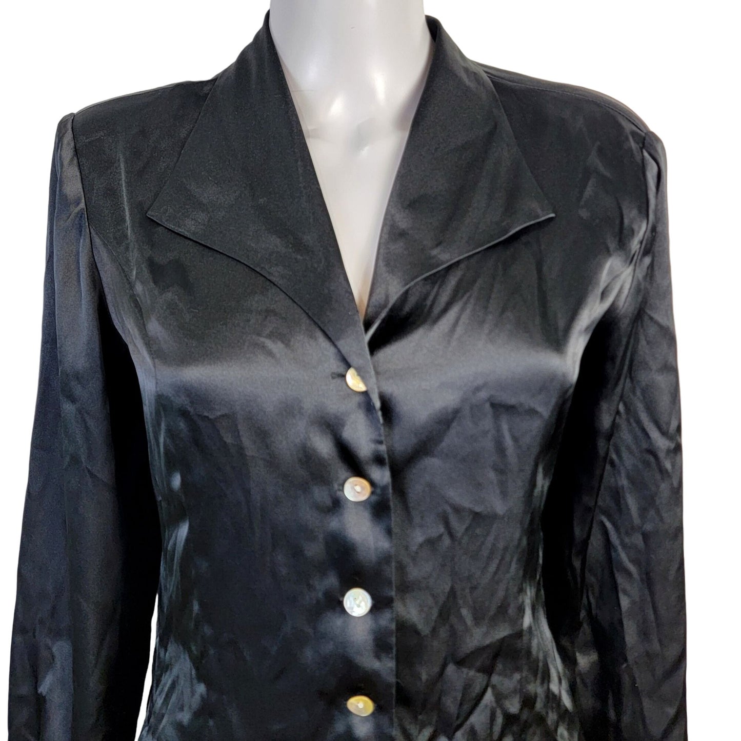 Vintage 90s Satin Shirt Women Medium Black Button Blouse