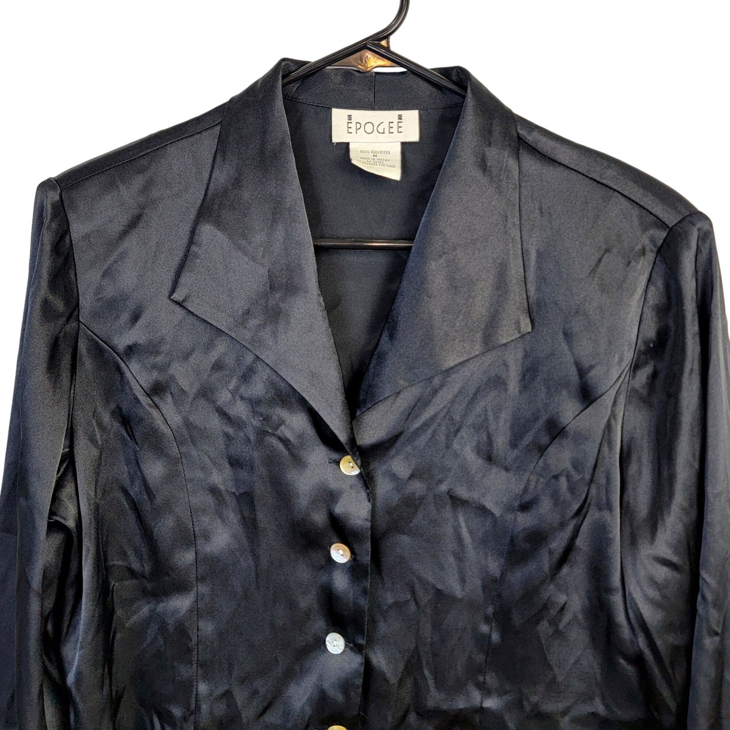 Vintage 90s Satin Shirt Women Medium Black Button Blouse