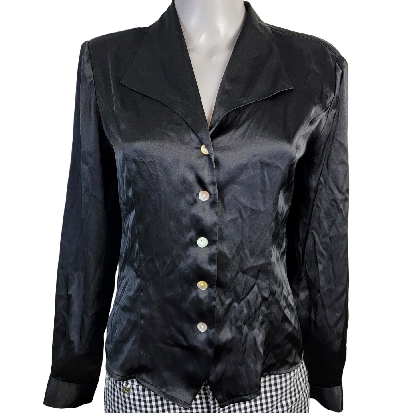 Vintage 90s Satin Shirt Women Medium Black Button Blouse